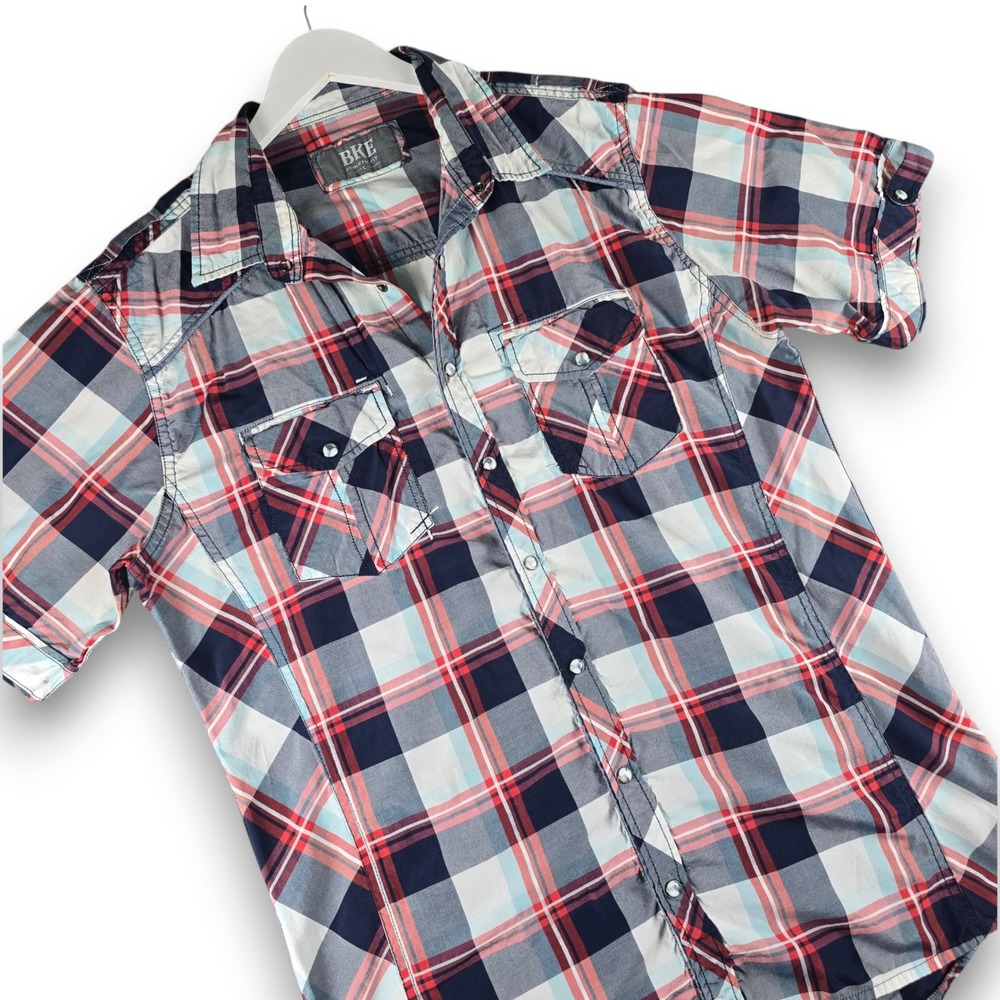 BKE Mens Short Sleeve Plaid Pearl Snap Shirt Large Athletic Fit Navy Red Cotton